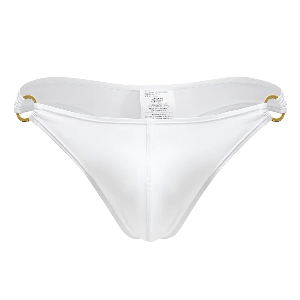 White men’s thong jor 2153 magnus with gold-tone metal rings at the sides in white color shown from the back