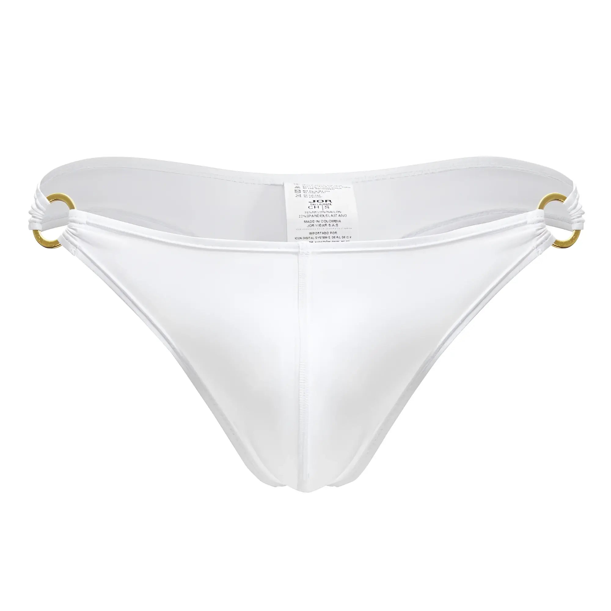 White men’s thong jor 2153 magnus with gold-tone metal rings at the sides in white color shown from the back