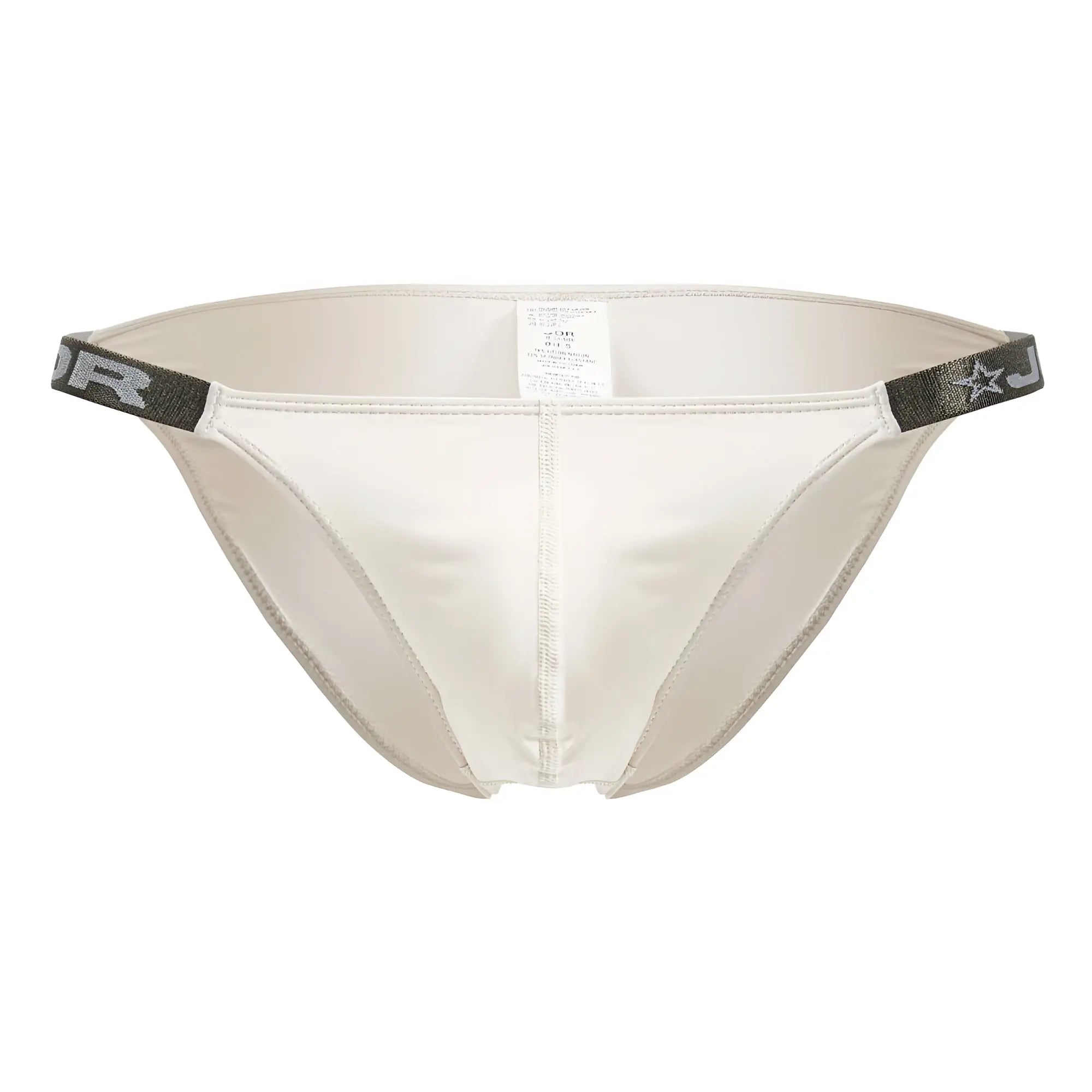 Cream-colored satin JOR 2156 Eros bikini briefs with a sleek fit and dark gray elastic waistband featuring the brand logo