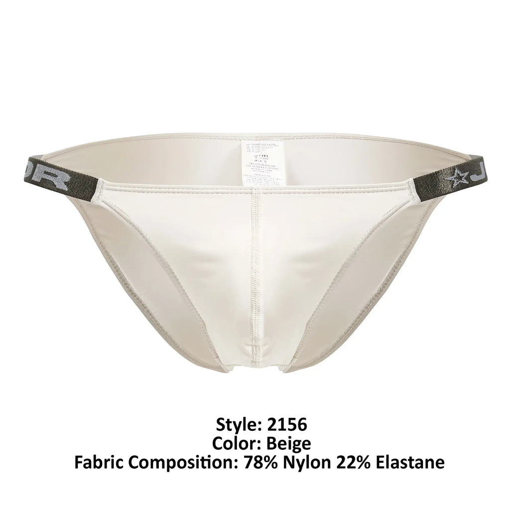Beige jor 2156 eros bikini briefs with sleek satin finish and dark gray waistband featuring subtle star logo