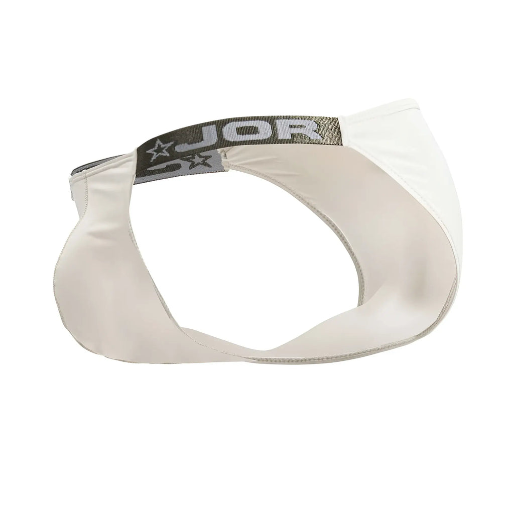 White jor 2156 eros bikini briefs in beige satin with a gray waistband featuring the jor logo and stars