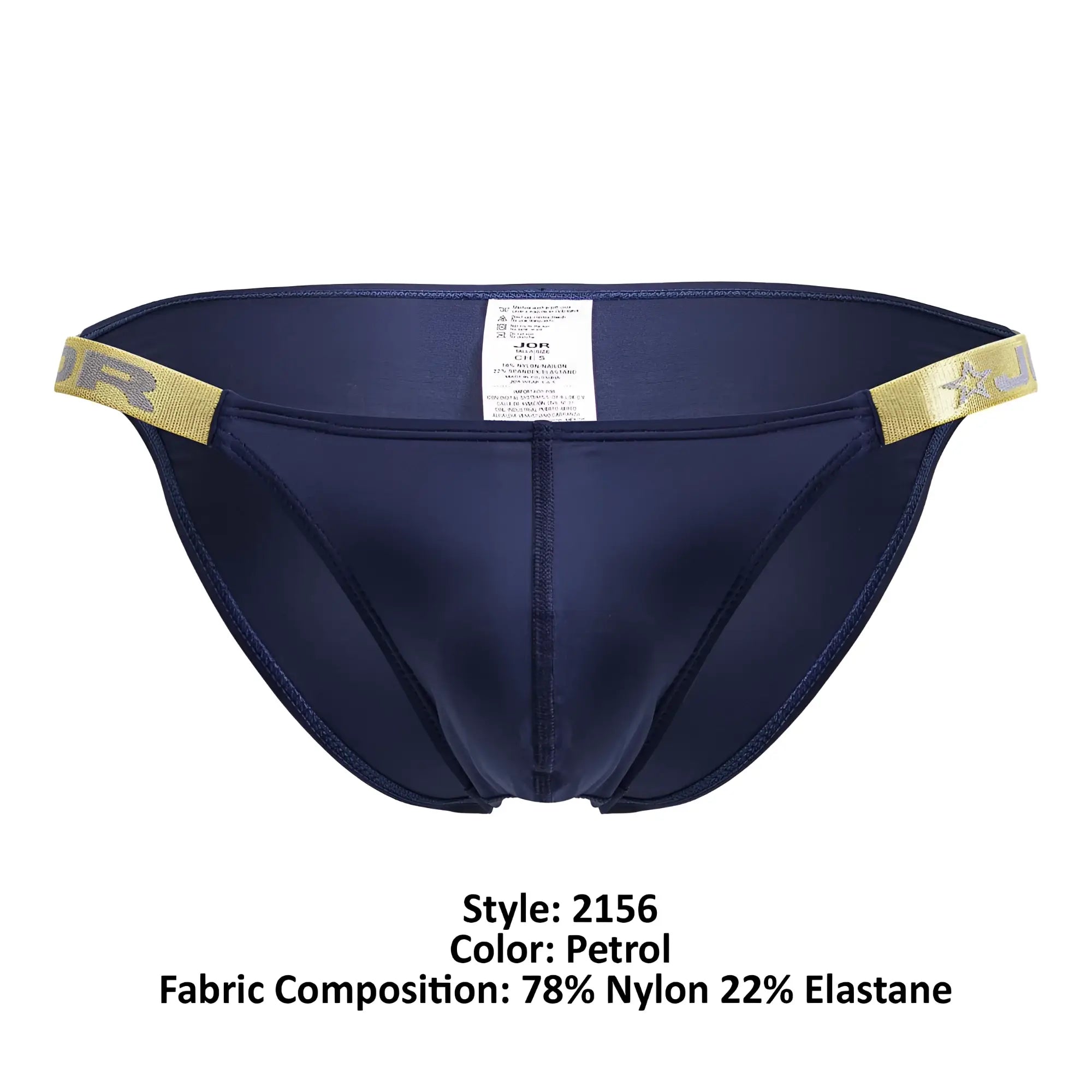 Petrol-colored JOR 2156 Eros bikini men’s briefs with gold-trimmed waistband and sleek form-fitting design