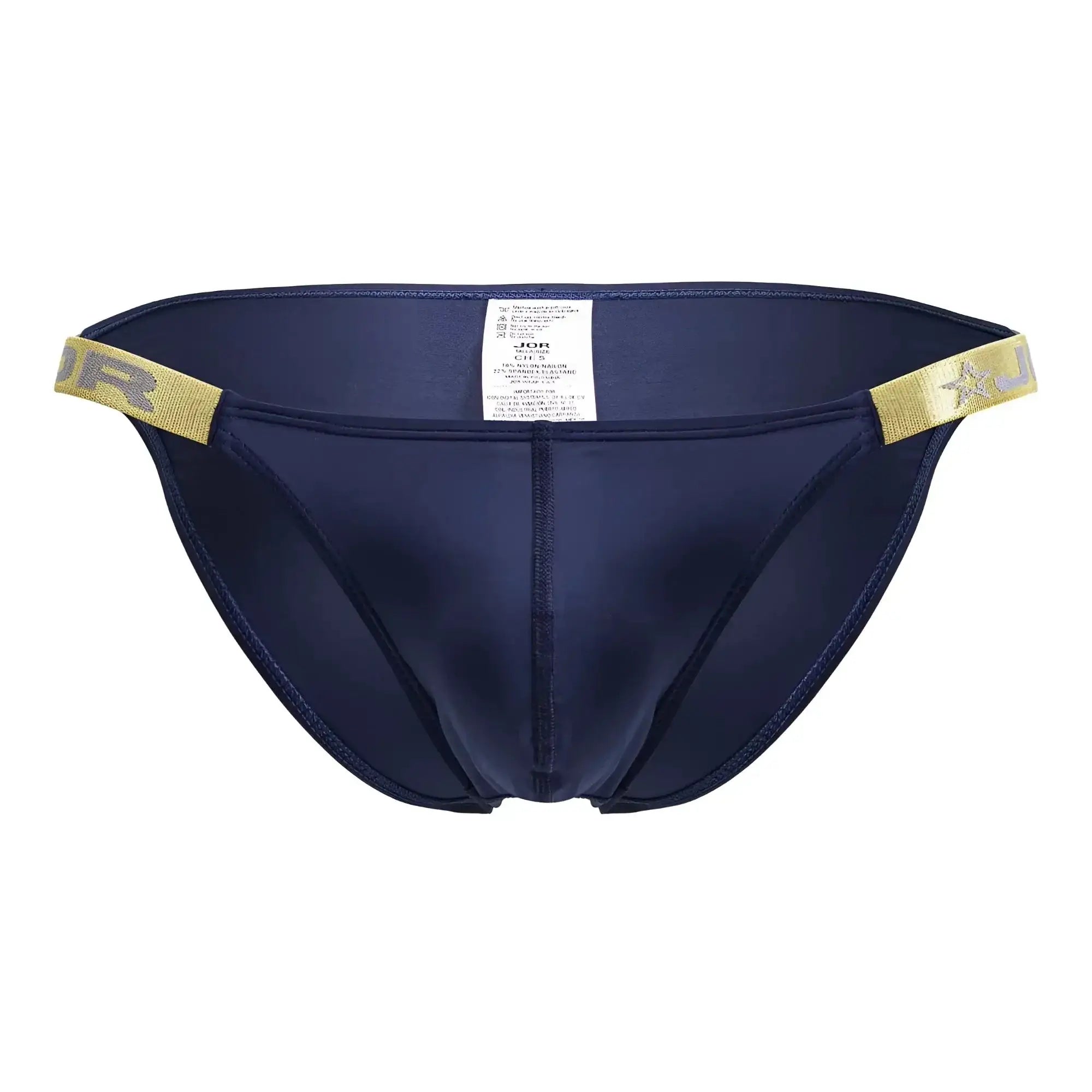 Navy blue satin briefs with gold elastic waistband and star logo jor 2156 eros bikini color petrol front view