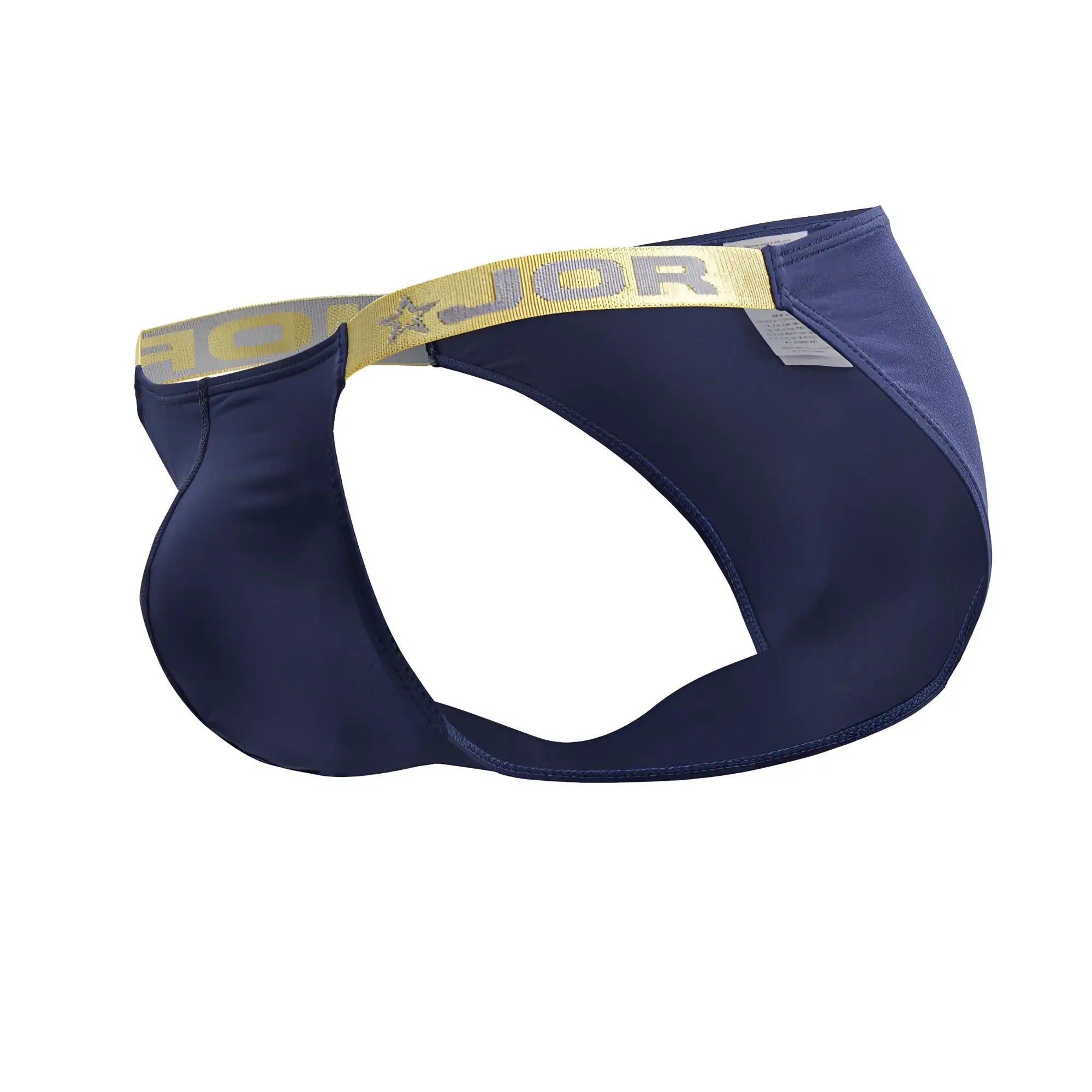 Navy blue jor 2156 eros bikini briefs with petrol gold and gray elastic waistband featuring the brand logo