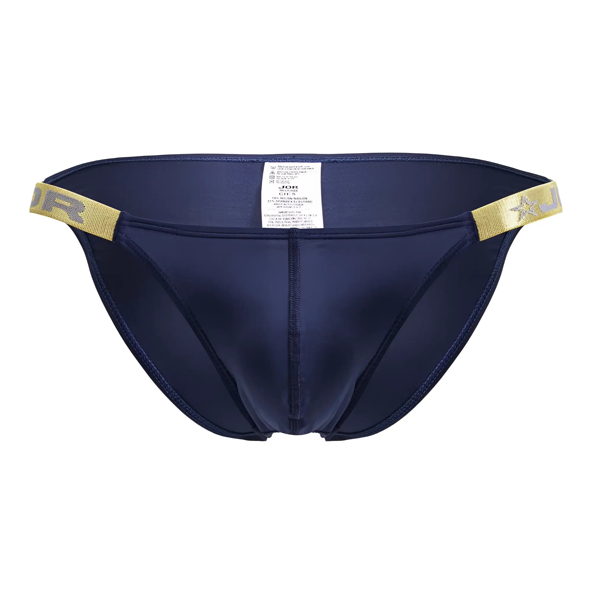 Navy blue satin briefs with gold elastic waistband and star logo jor 2156 eros bikini color petrol front view