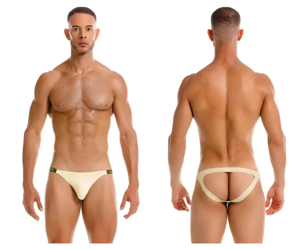 Cream-colored jor 2157 eros jockstrap with minimalist design and subtle green waistband trim in beige color