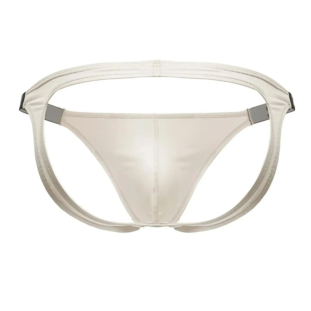 Cream-colored satin briefs with gray metallic side straps from jor 2157 eros jockstrap beige collection