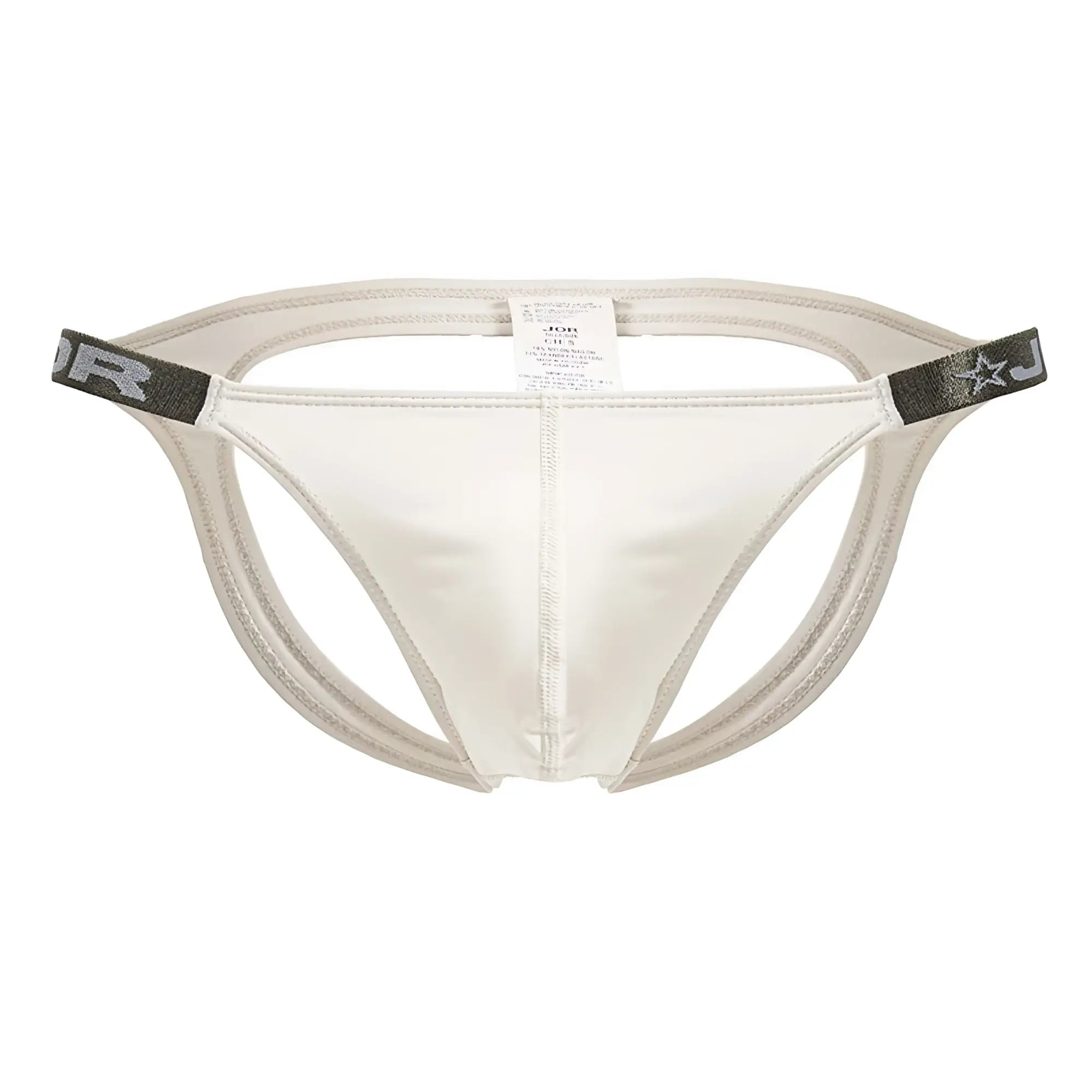 White jor 2157 eros jockstrap briefs with gray elastic waistband and star logo in beige color