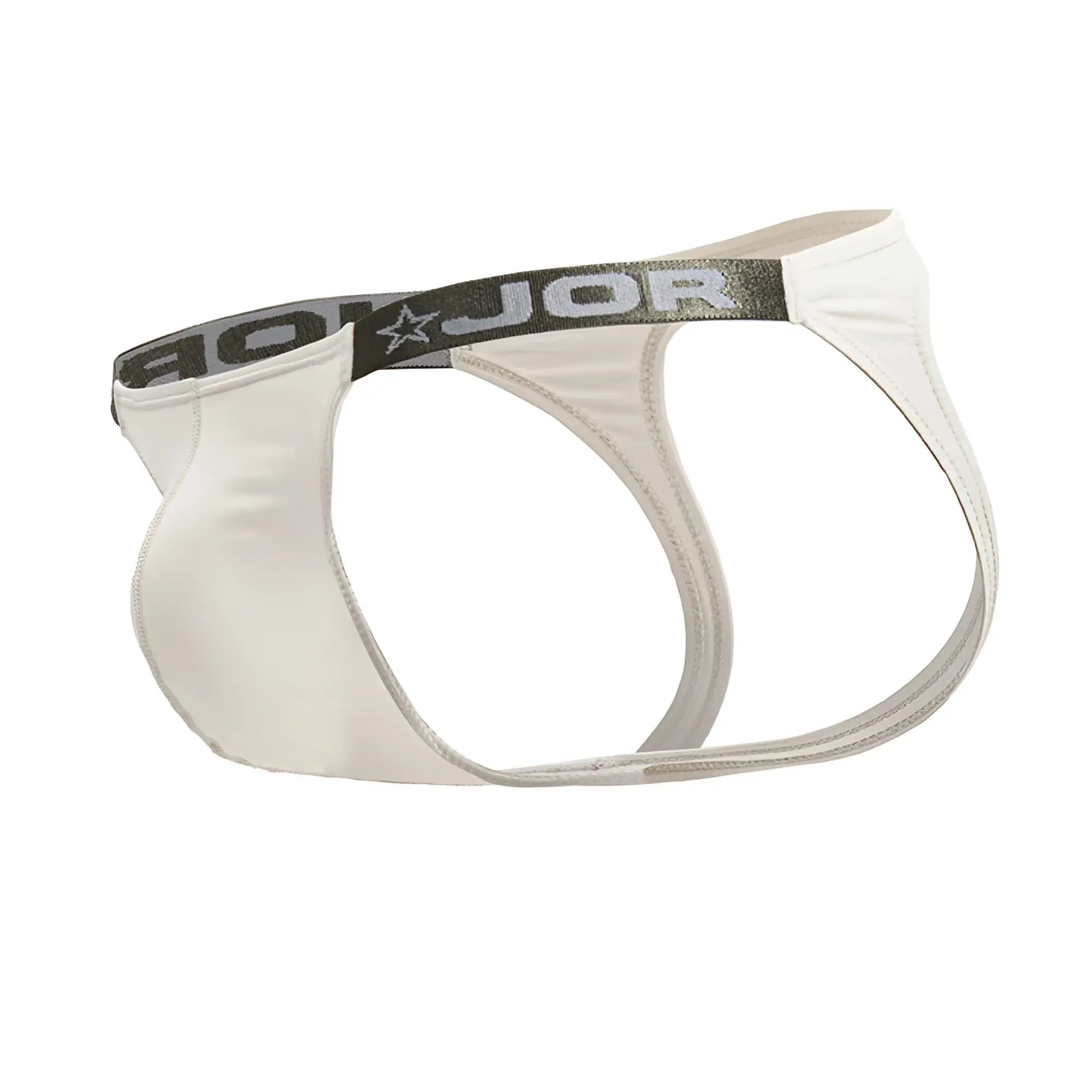 White men’s briefs beige with black elastic waistband featuring jor brand name and star logo jor 2157 eros jockstrap