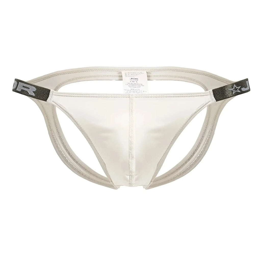 White jor 2157 eros jockstrap briefs with gray elastic waistband and star logo in beige color