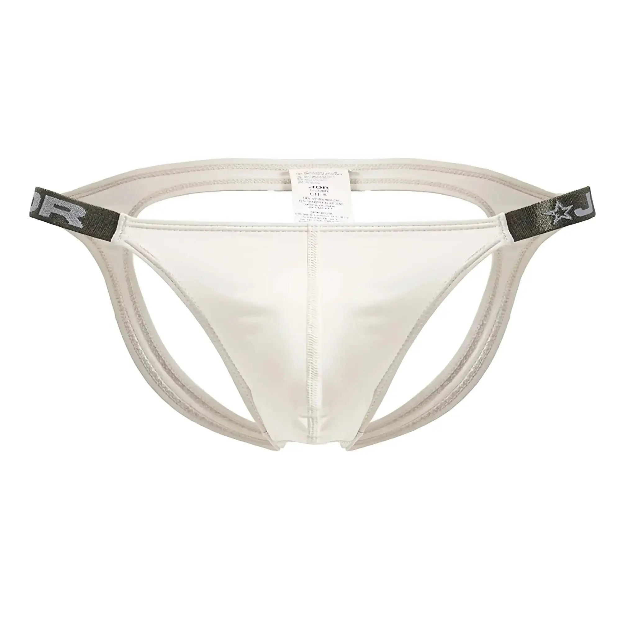 White jor 2157 eros jockstrap briefs with gray elastic waistband and star logo in beige color