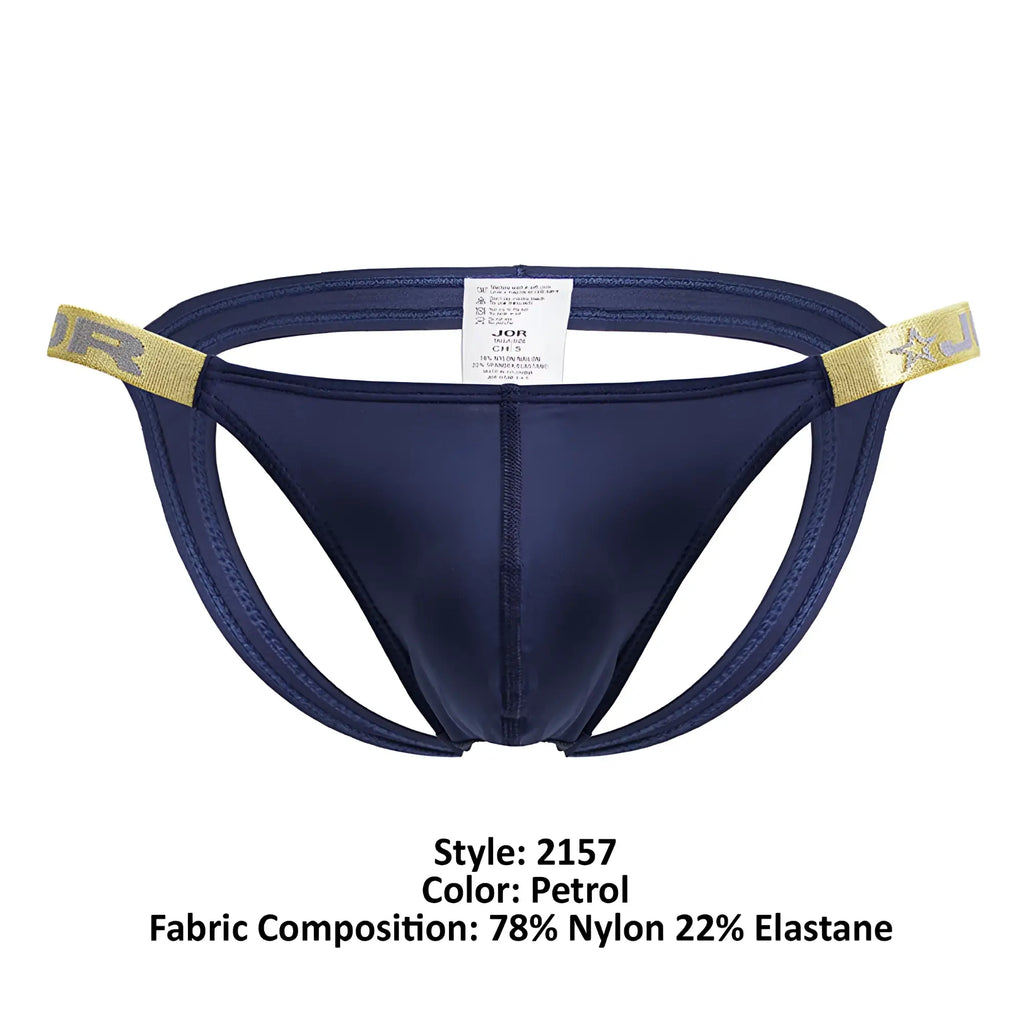 Dark blue jor 2157 eros jockstrap with gold-trimmed waistband and star logo in petrol color