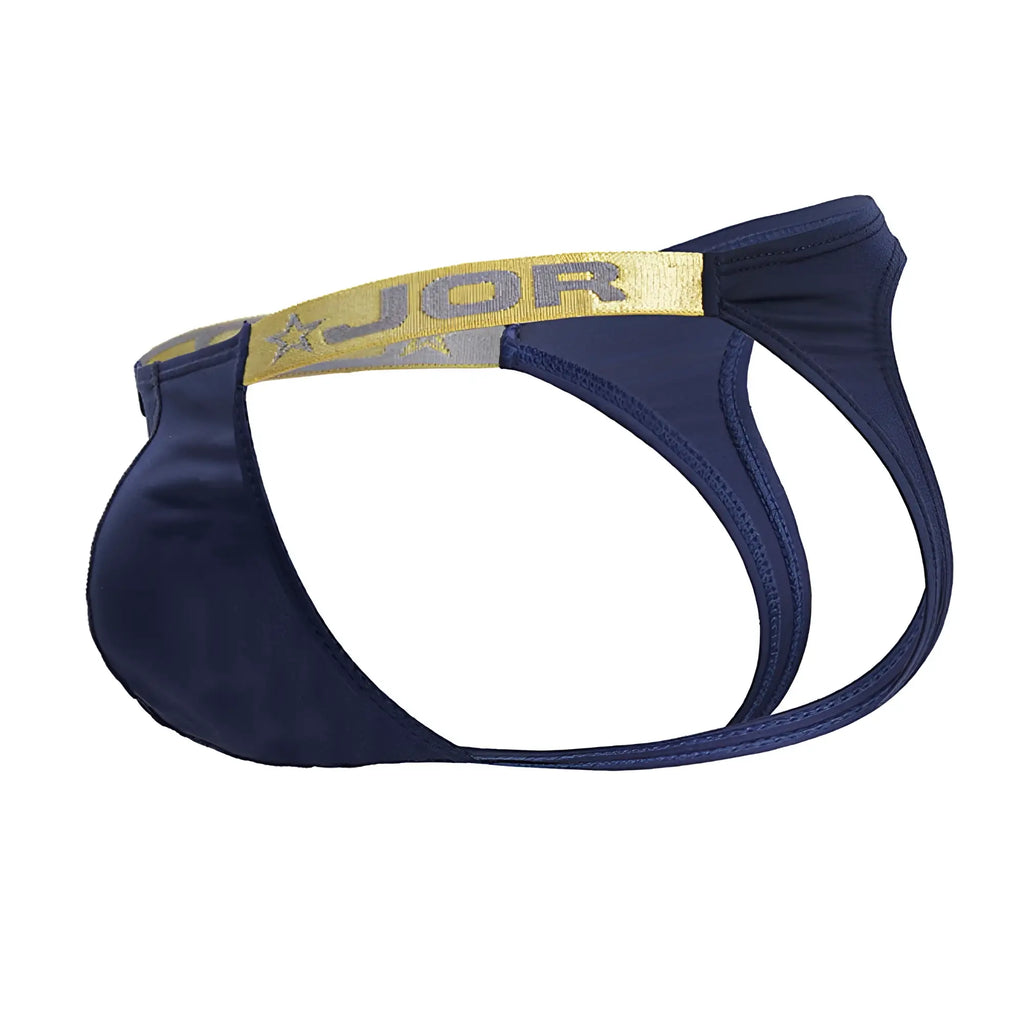 Navy blue jor 2157 eros jockstrap with gold and silver logo band on waistband in petrol color