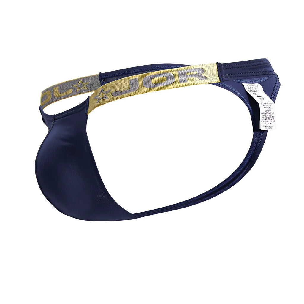 Navy blue jor 2158 eros thong with gold and gray elastic waistband featuring star logos in petrol color