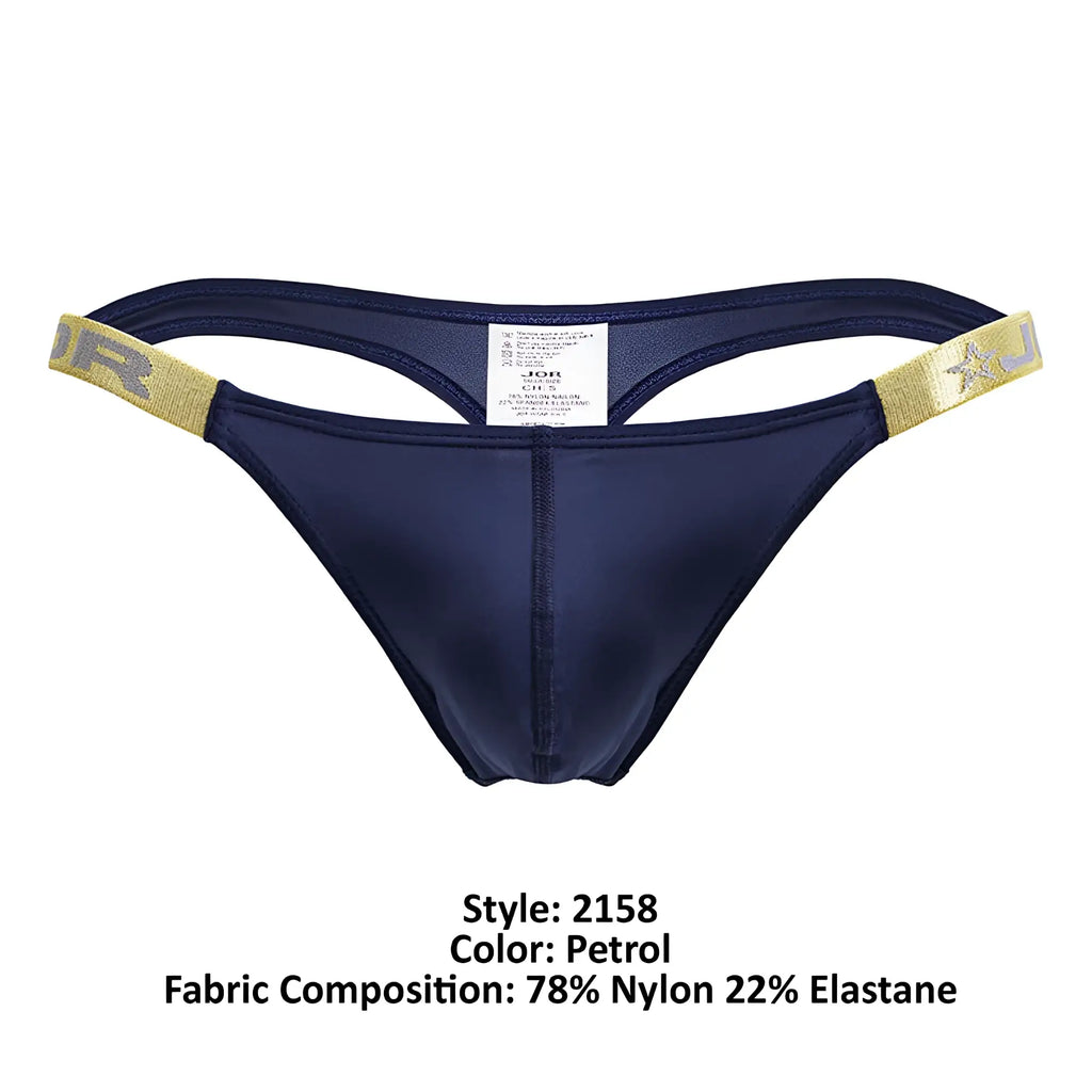 Navy blue jon brand thong with gold-trimmed waistband and star logo from jor 2158 eros thongs color petrol collection