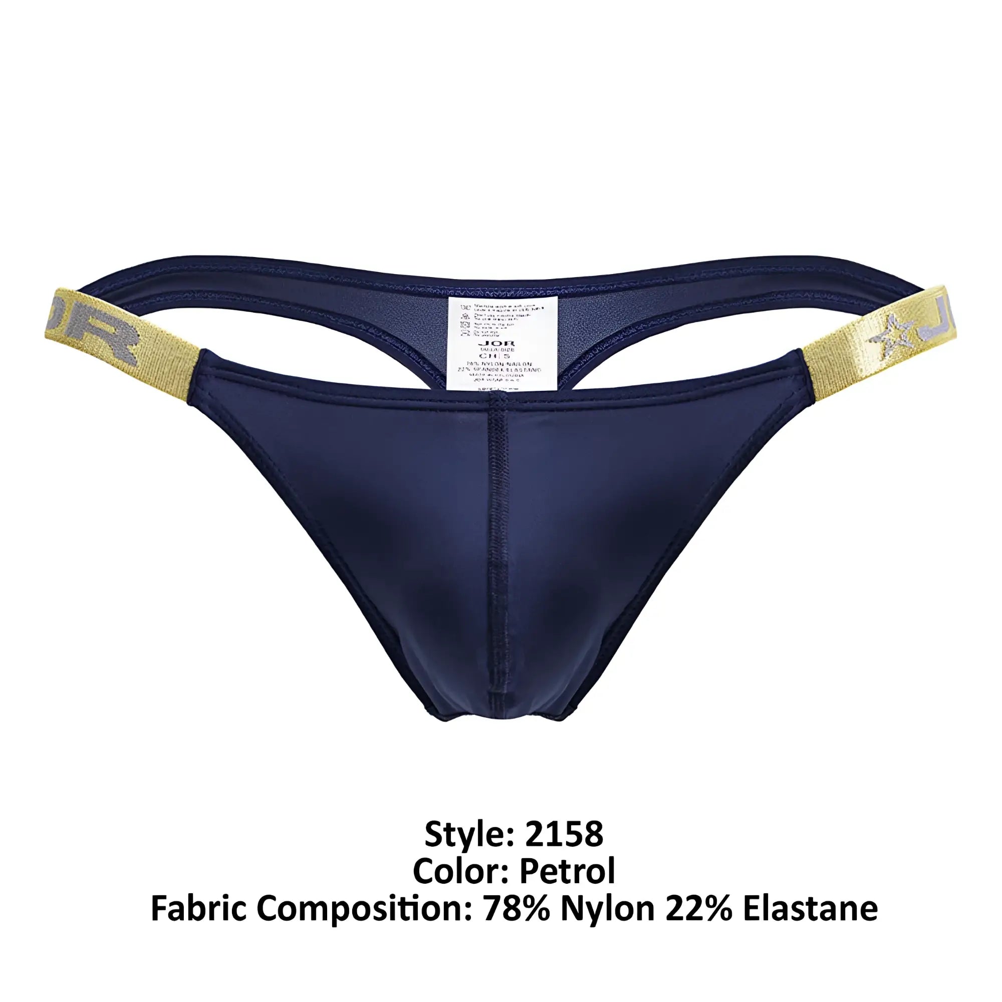 Navy blue jon brand thong with gold-trimmed waistband and star logo from jor 2158 eros thongs color petrol collection