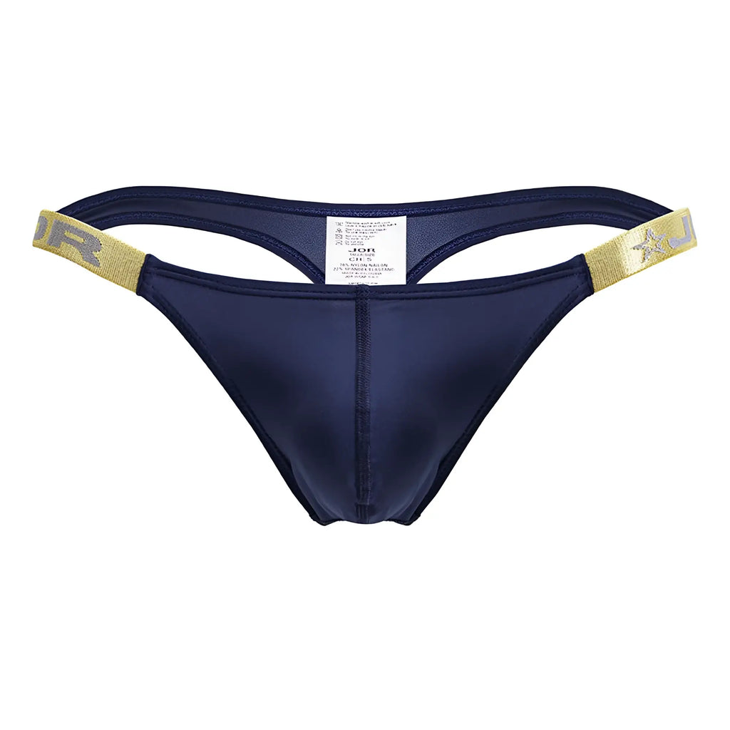 Navy blue satin thong with gold elastic waistband featuring star and jr logo from JOR 2158 Eros Thongs color petrol