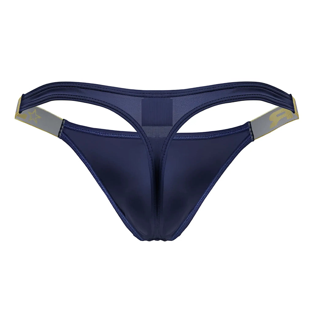 Navy blue satin thong with gold and gray trim on waistband from JOR 2158 Eros Thongs color petrol collection