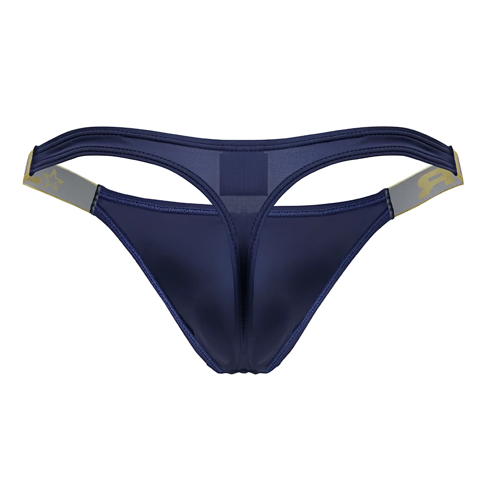 Navy blue satin thong with gold and gray trim on waistband from JOR 2158 Eros Thongs color petrol collection