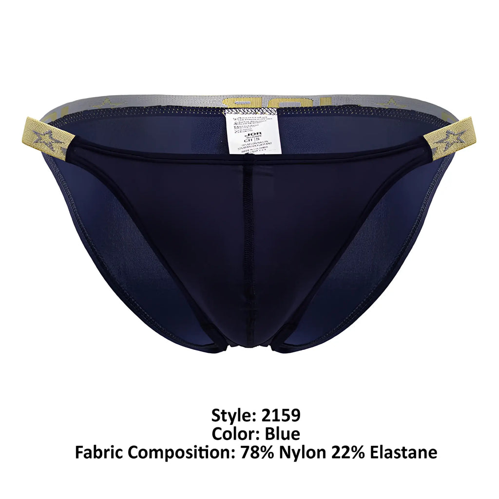 Navy blue JOR 2159 Ares bikini briefs with gold star-patterned side tabs and a gray waistband for athletic use
