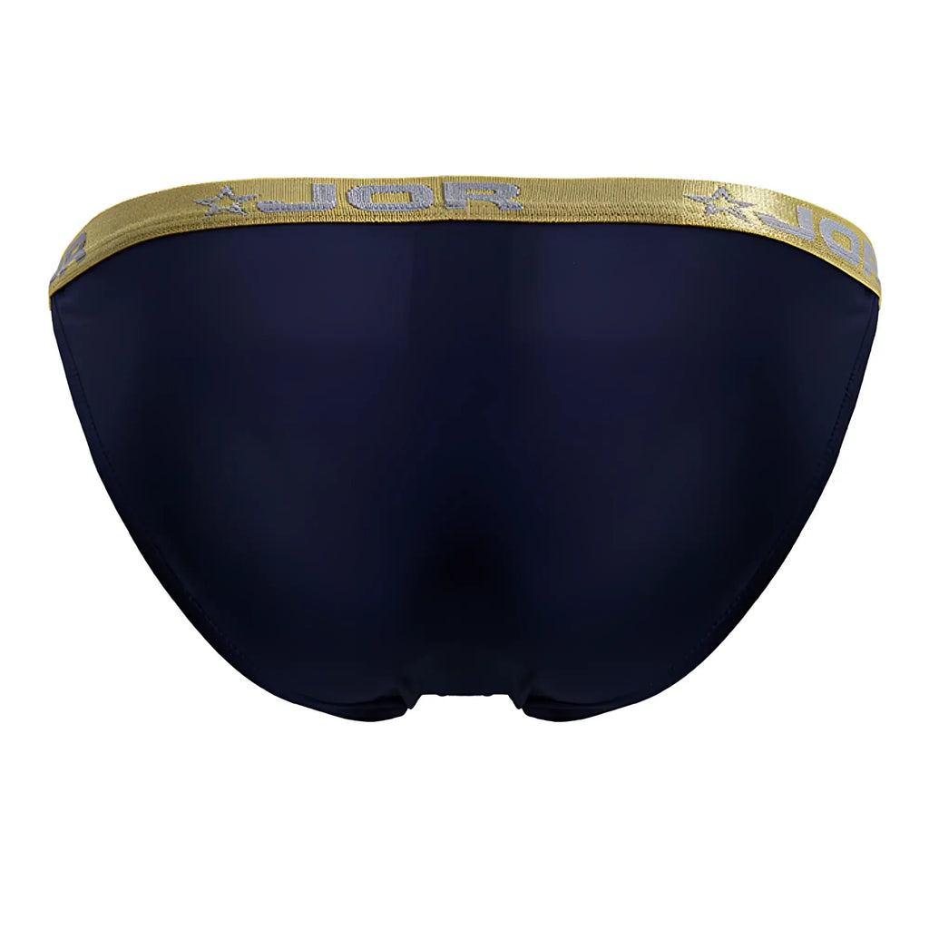 Navy blue jor 2159 ares bikini briefs with gold elastic waistband and silver star logo embroidery