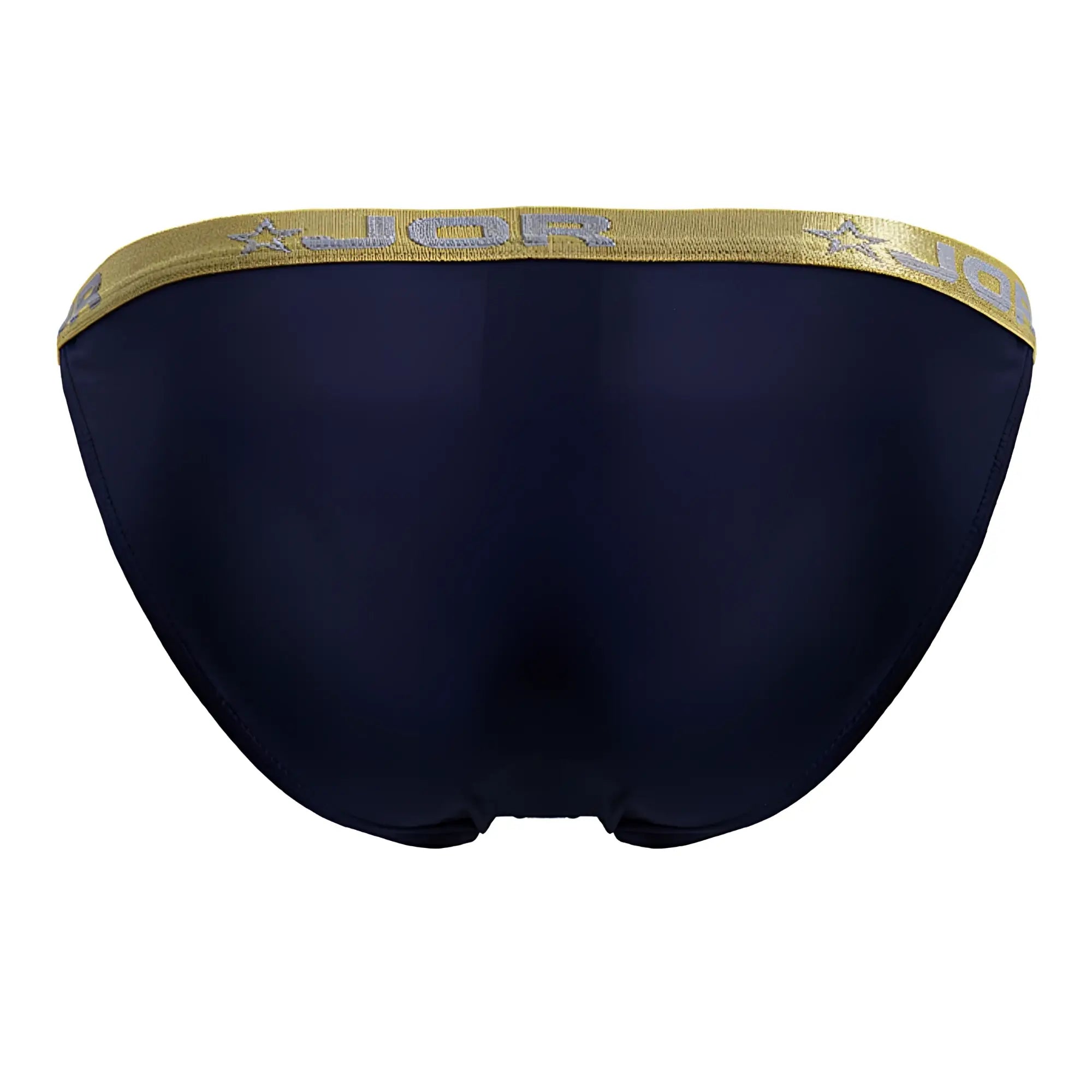 Navy blue jor 2159 ares bikini briefs with gold elastic waistband and silver star logo embroidery