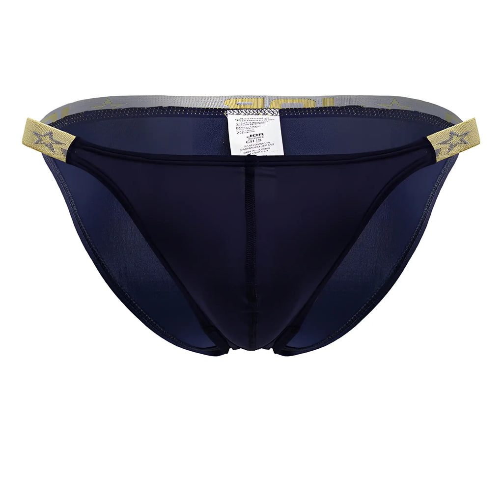 Navy blue mesh briefs JOR 2159 Ares bikini with gold star patterned elastic waistband and side tabs