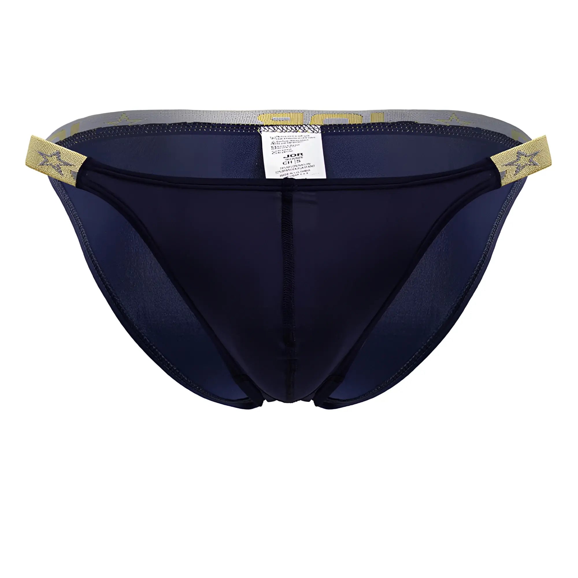 Navy blue mesh briefs JOR 2159 Ares bikini with gold star patterned elastic waistband and side tabs