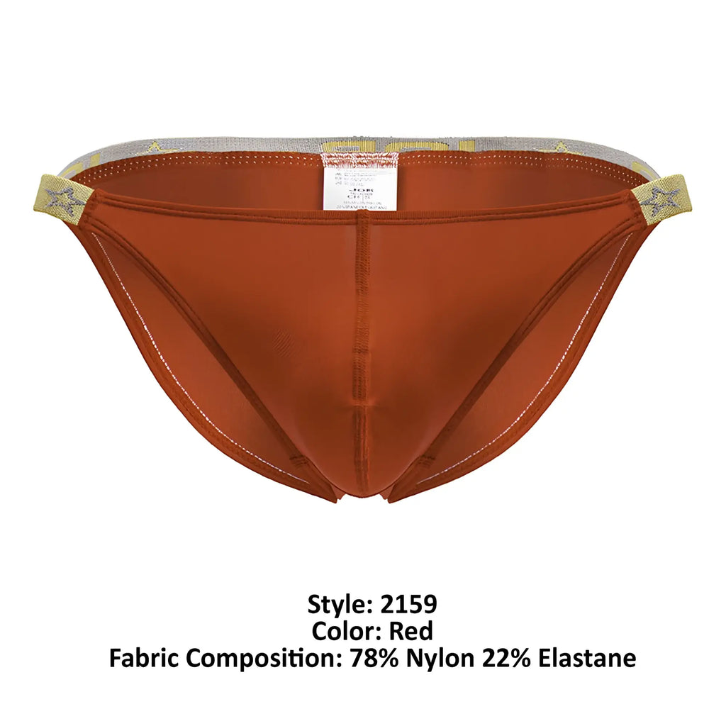 Red jor 2159 ares bikini briefs with satin finish gold star patterned waistband and white seam stitching