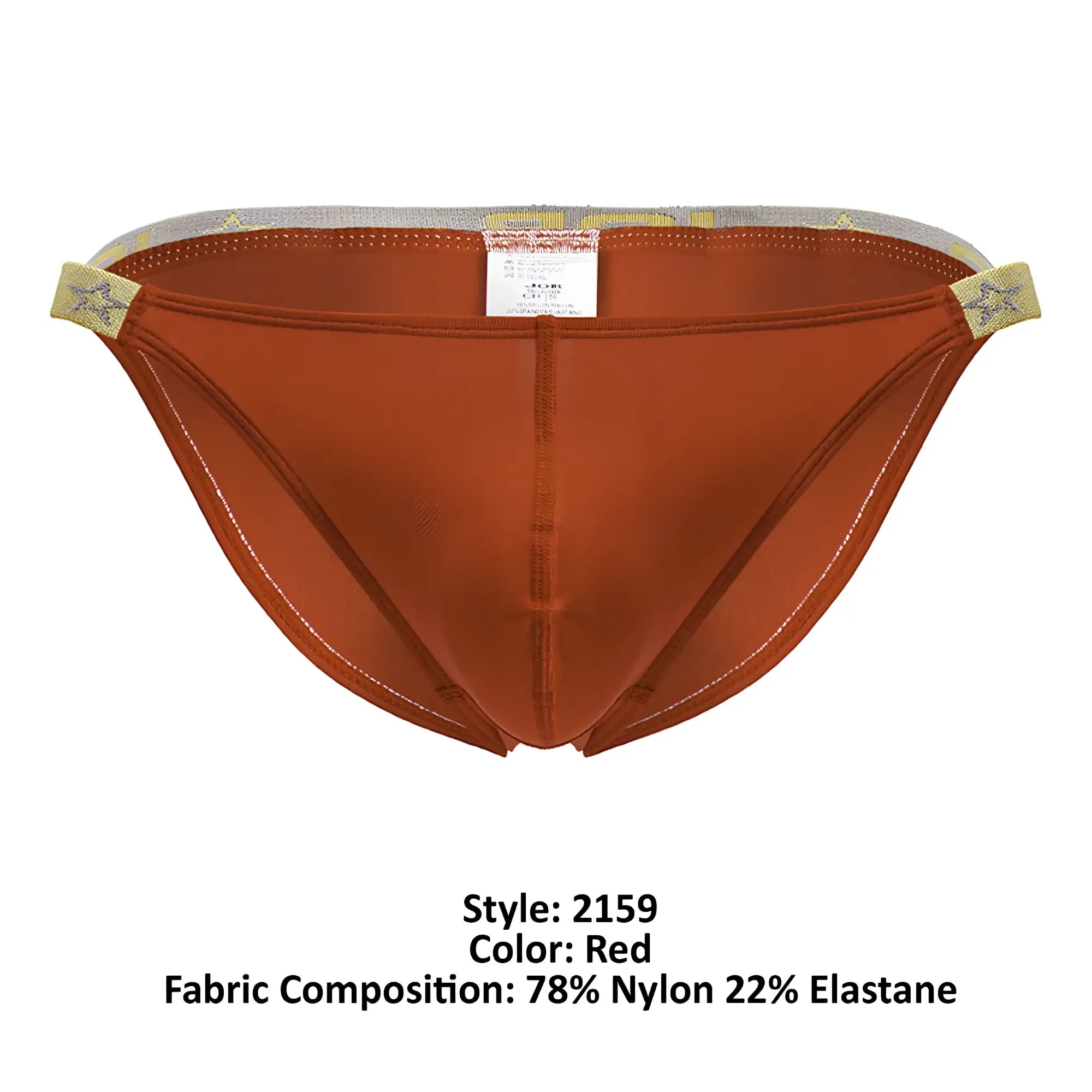 Red jor 2159 ares bikini briefs with satin finish gold star patterned waistband and white seam stitching