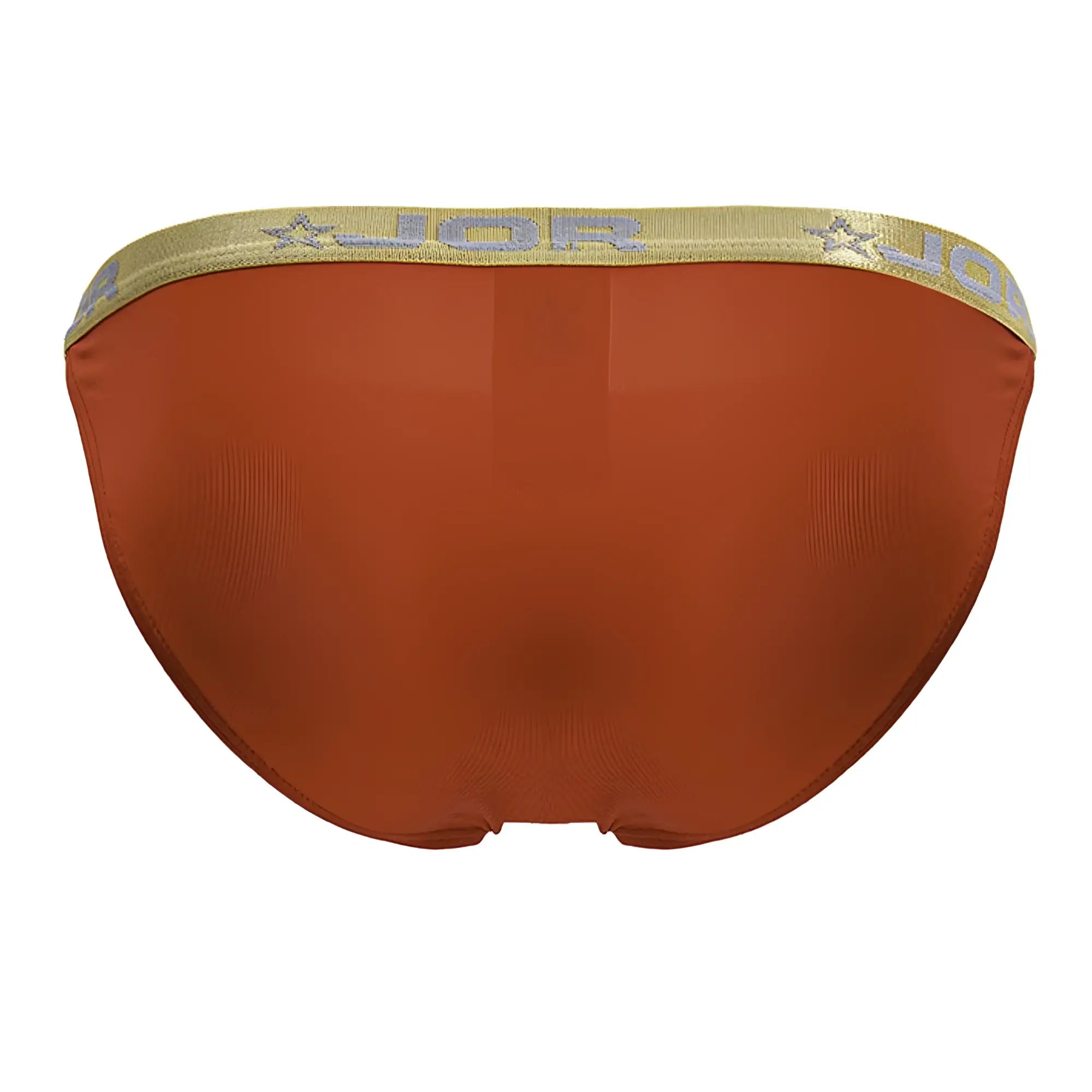 Rust-colored jor 2159 ares bikini with gold elastic waistband featuring jor brand name and star motifs