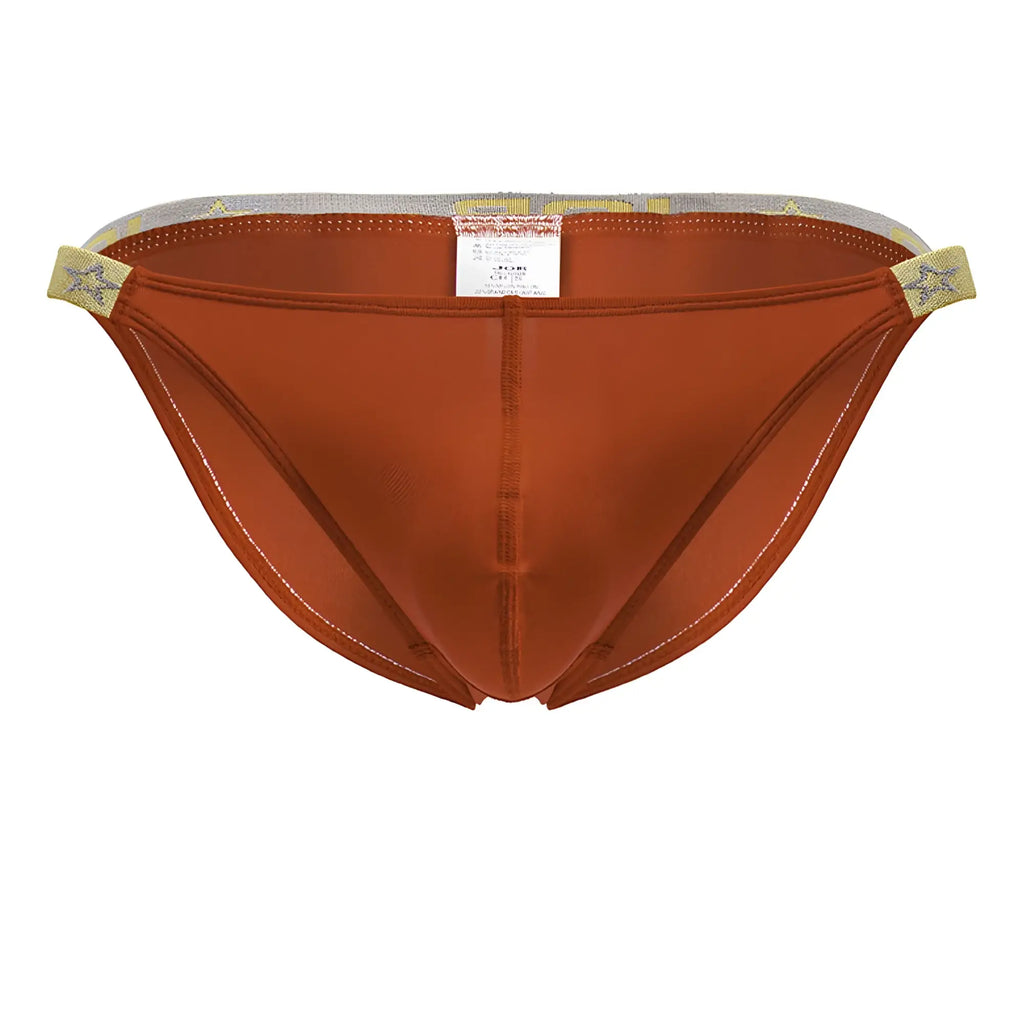 Rust-colored satin jor 2159 ares bikini briefs with star-patterned elastic waistband and white stitching
