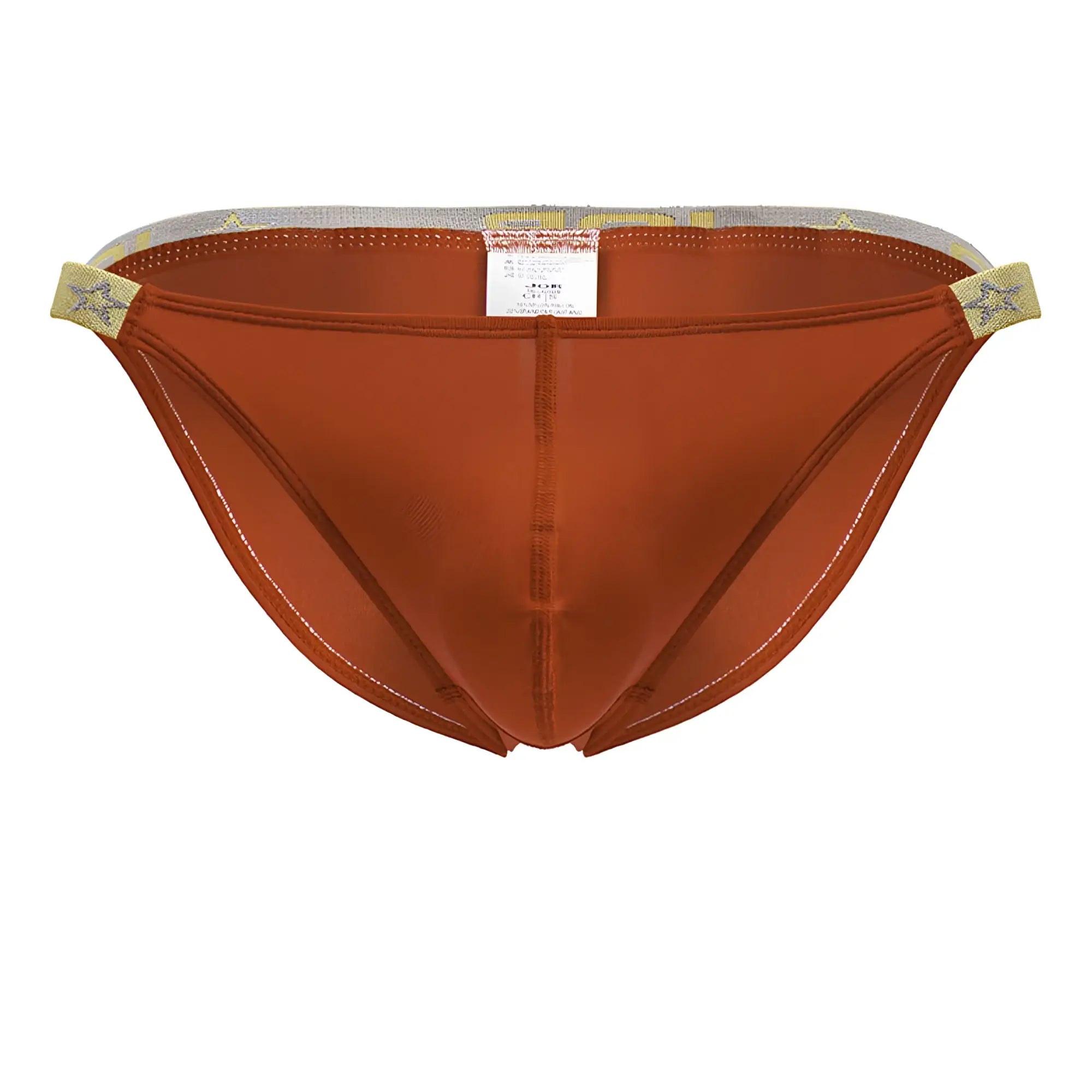 Rust-colored satin jor 2159 ares bikini briefs with star-patterned elastic waistband and white stitching