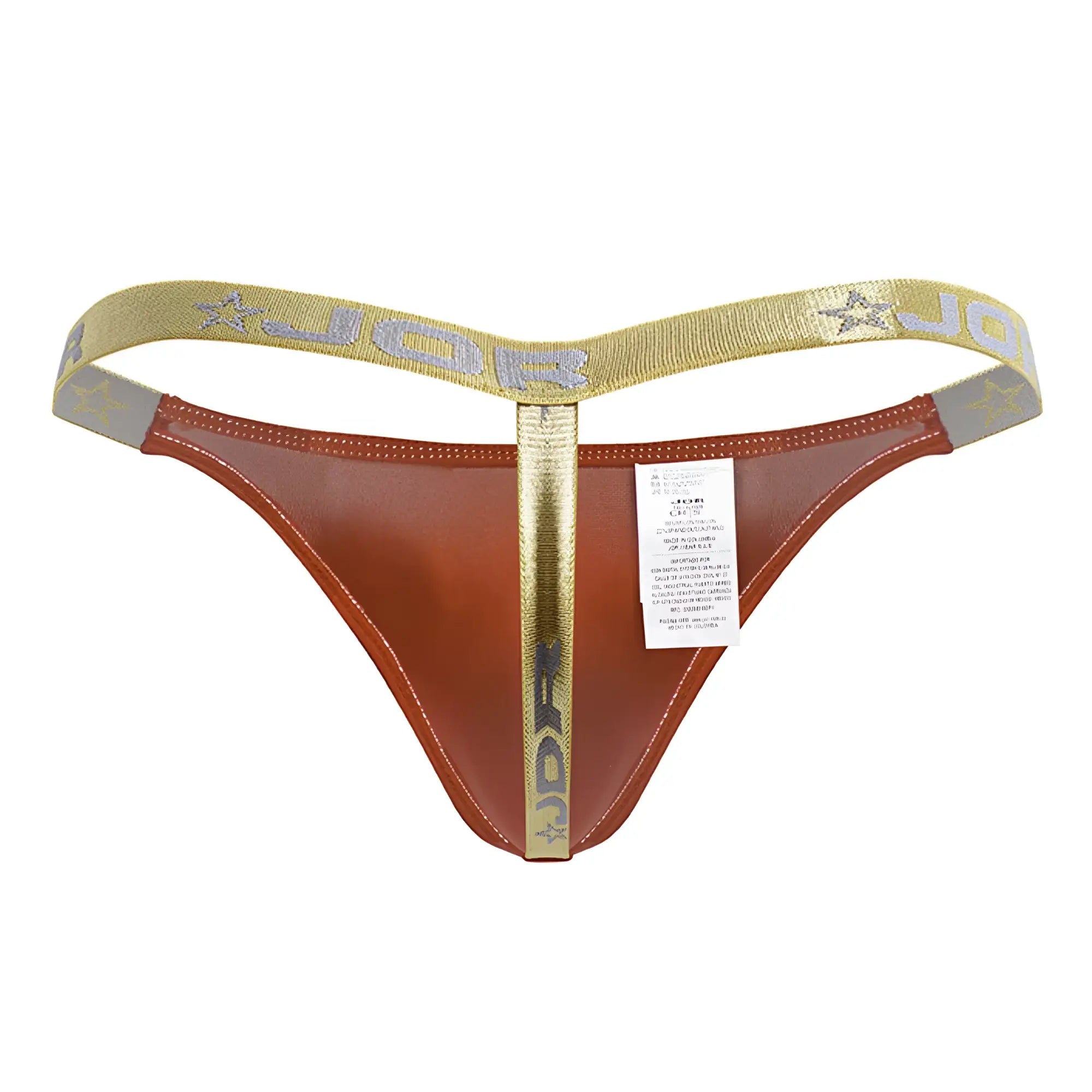 Brown leather thong with gold trim and star patterned branding in red jor 2161 ares thongs style