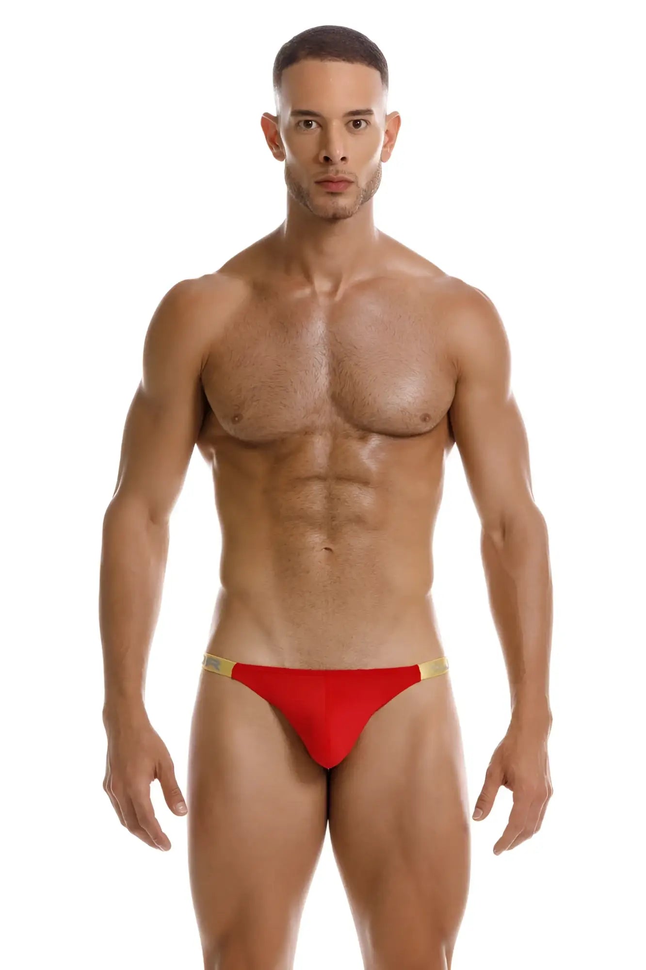 Red jor 2161 ares thong with gold trim featuring a red fabric and decorative gold accents