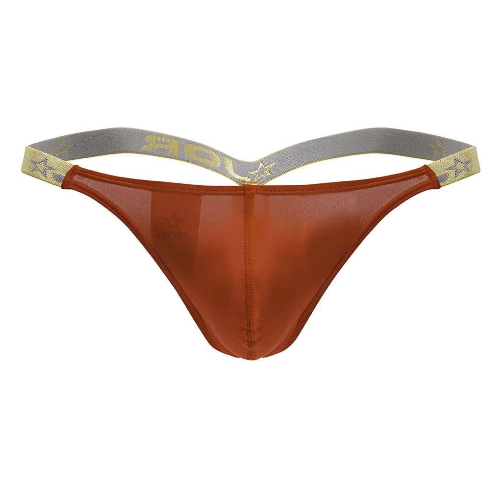 A translucent rust-colored JOR 2161 Ares thong with a gray and gold star-patterned waistband in red color