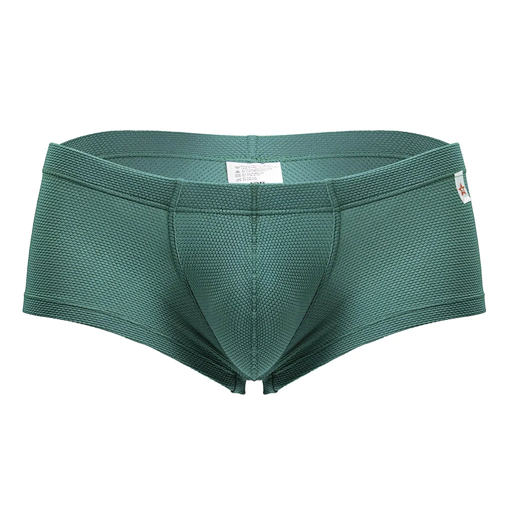 Dark green jor 2166 nova trunks men’s briefs with woven fabric texture and small red star logo on the waistband