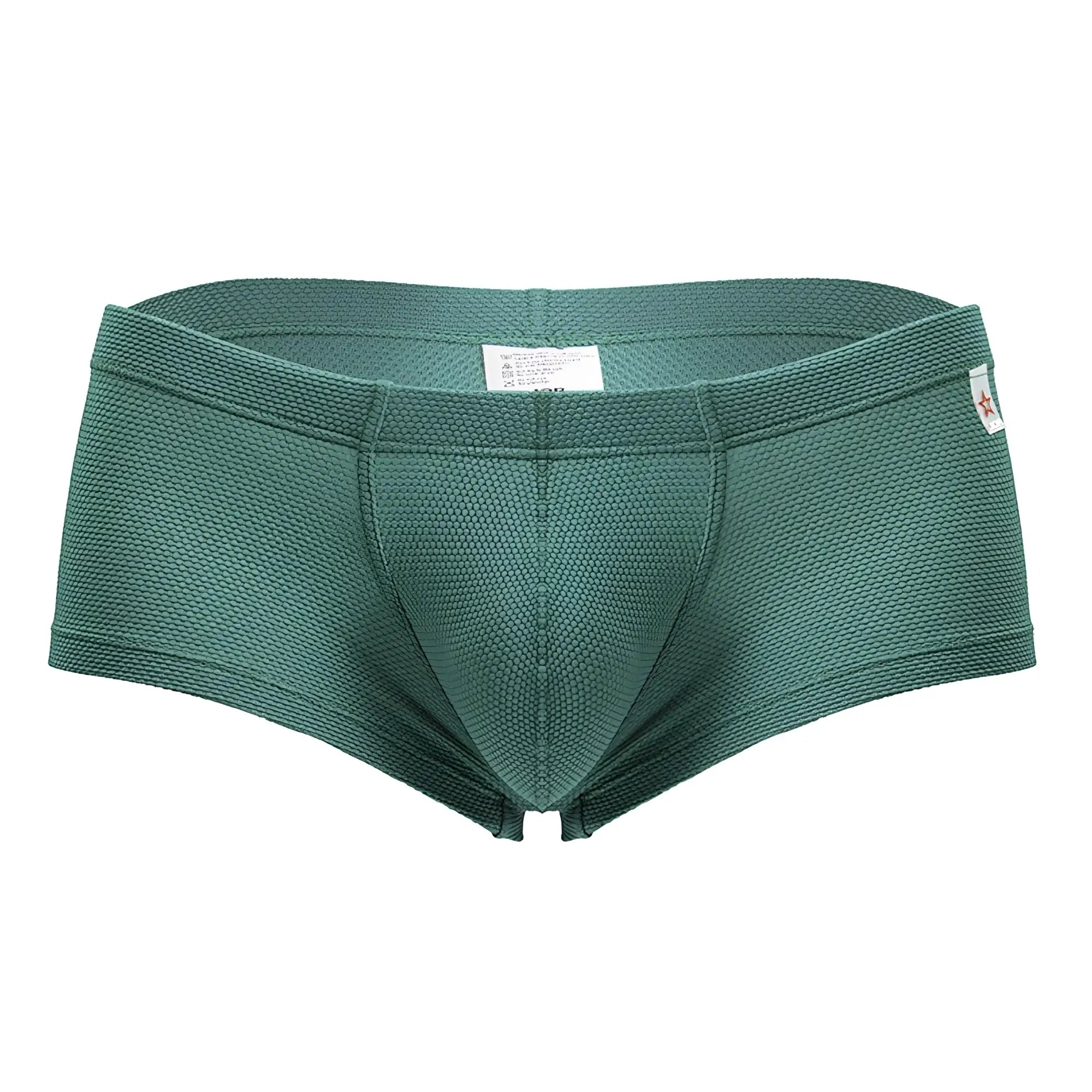 Dark green jor 2166 nova trunks men’s briefs with woven fabric texture and small red star logo on the waistband