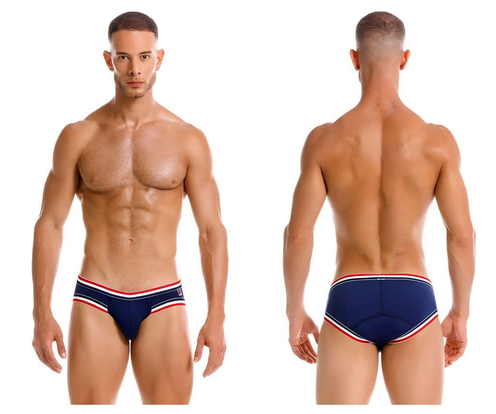 Navy blue jor 2169 martini briefs swim trunks with red and white striped trim for casual beachwear