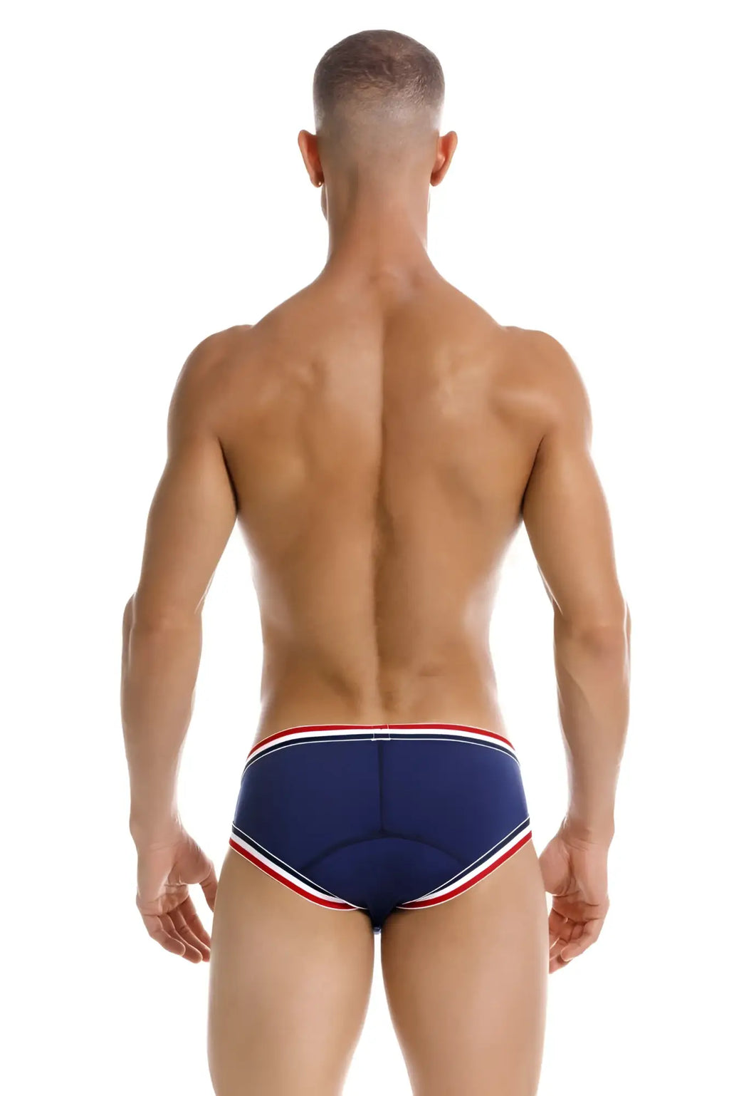 Navy blue jor 2169 martini briefs with red and white striped trim swim trunks for stylish beachwear