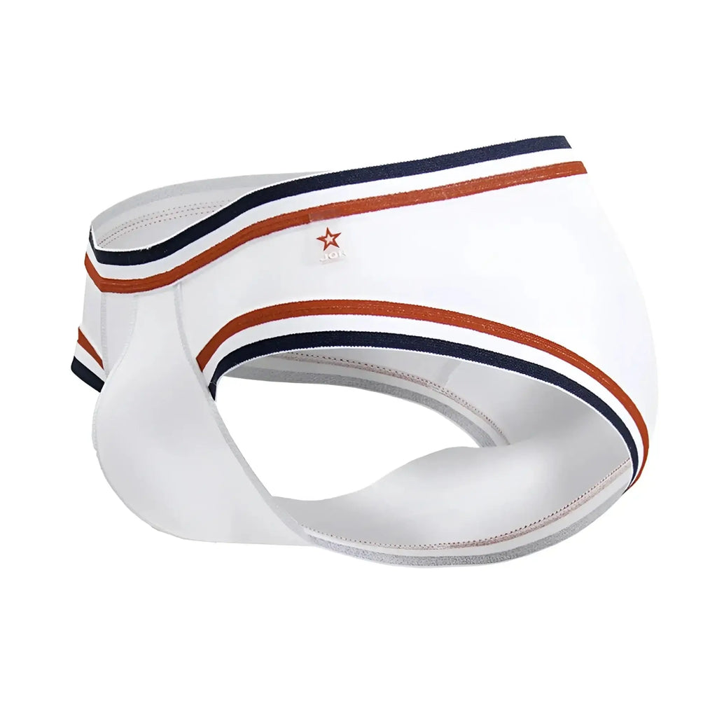 White men’s JOR 2169 Martini briefs in white with navy and rust striped trim and a red star logo on the waistband