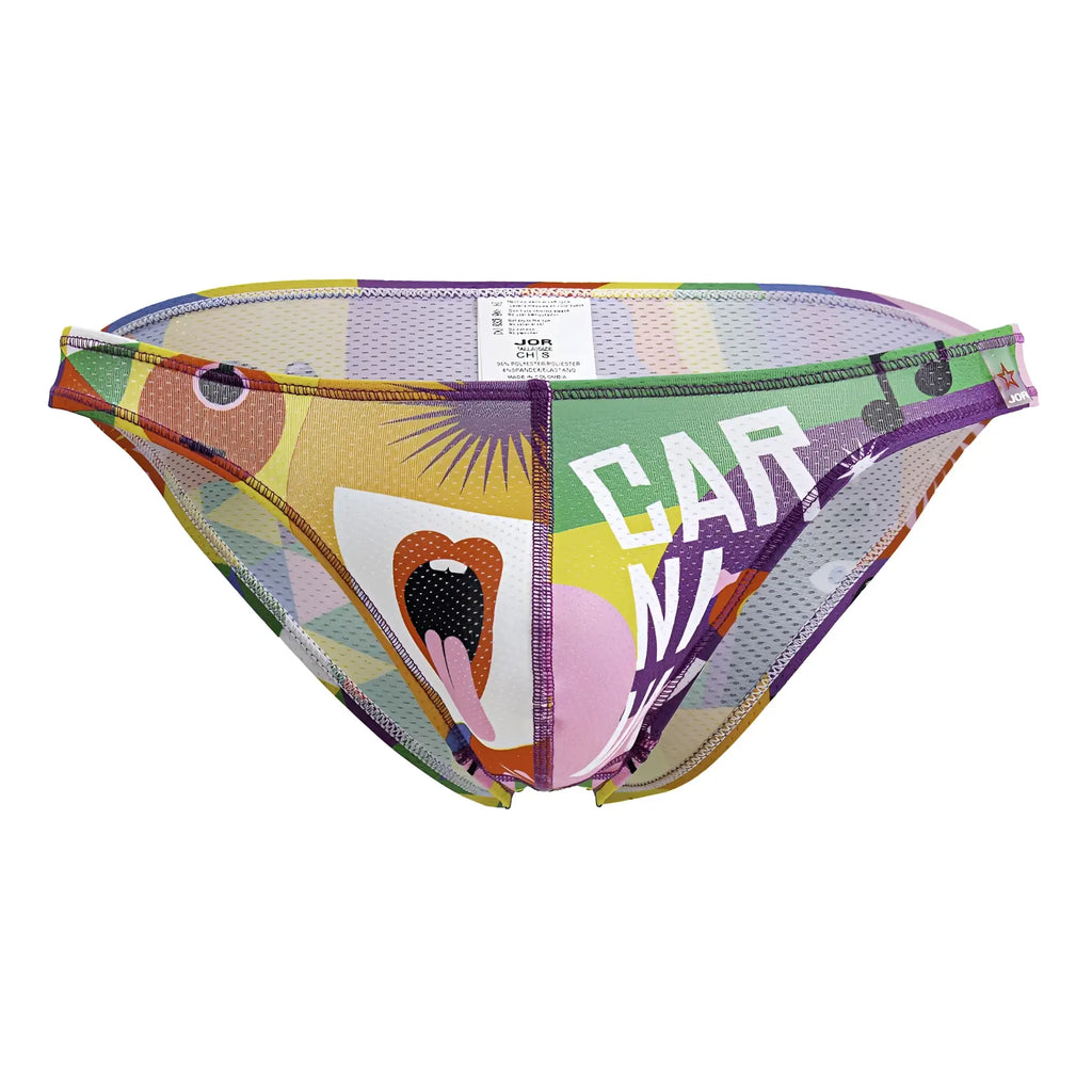 Vibrant multicolored jor 2171 carnival bikini bottom with bold graphic print featuring cartoon lips and white car lettering on purple