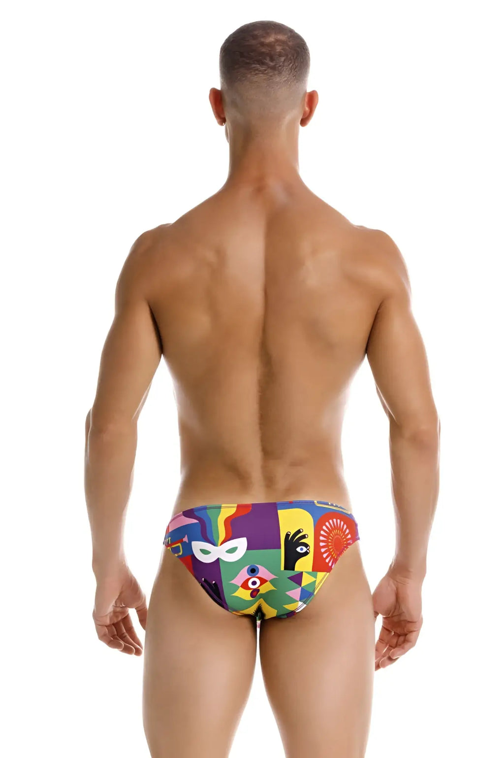 Vibrant multicolored jor 2171 carnival bikini color printed swim trunks with bold graphic masks and abstract patterns