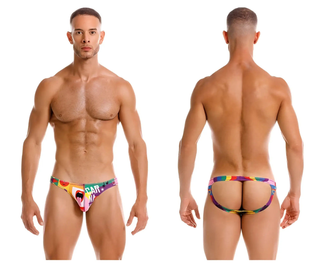 Colorful jor 2172 carnival jockstrap briefs with rainbow pattern and car print on the front
