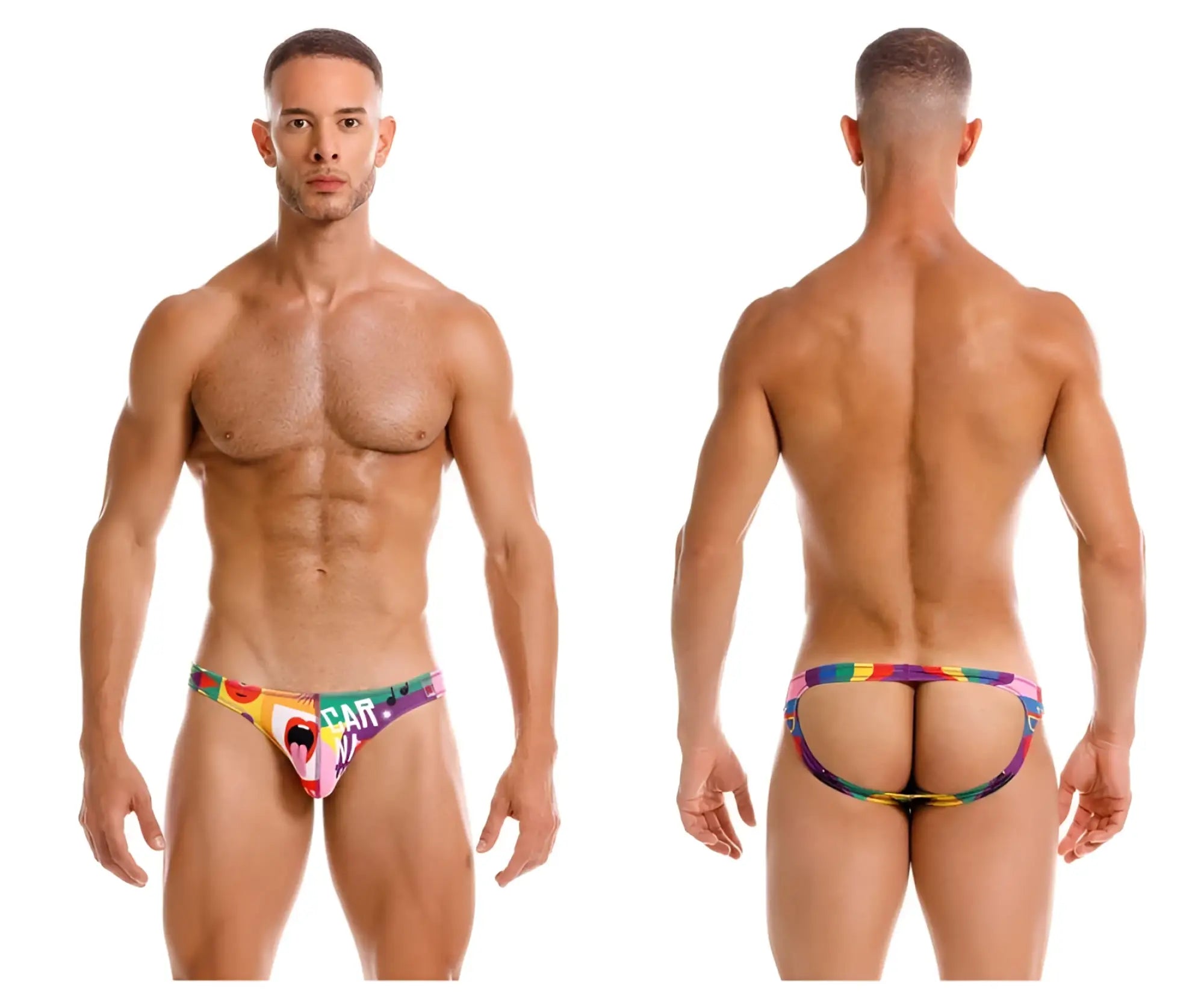 Colorful jor 2172 carnival jockstrap briefs with rainbow pattern and car print on the front