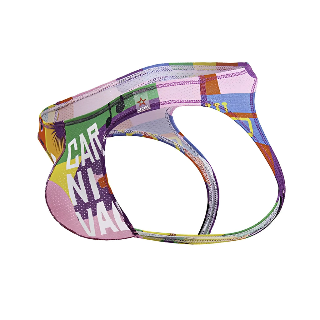 Colorful patterned men’s briefs with vibrant carnaval graphic and multicolored geometric design by jor 2172 carnival jockstrap