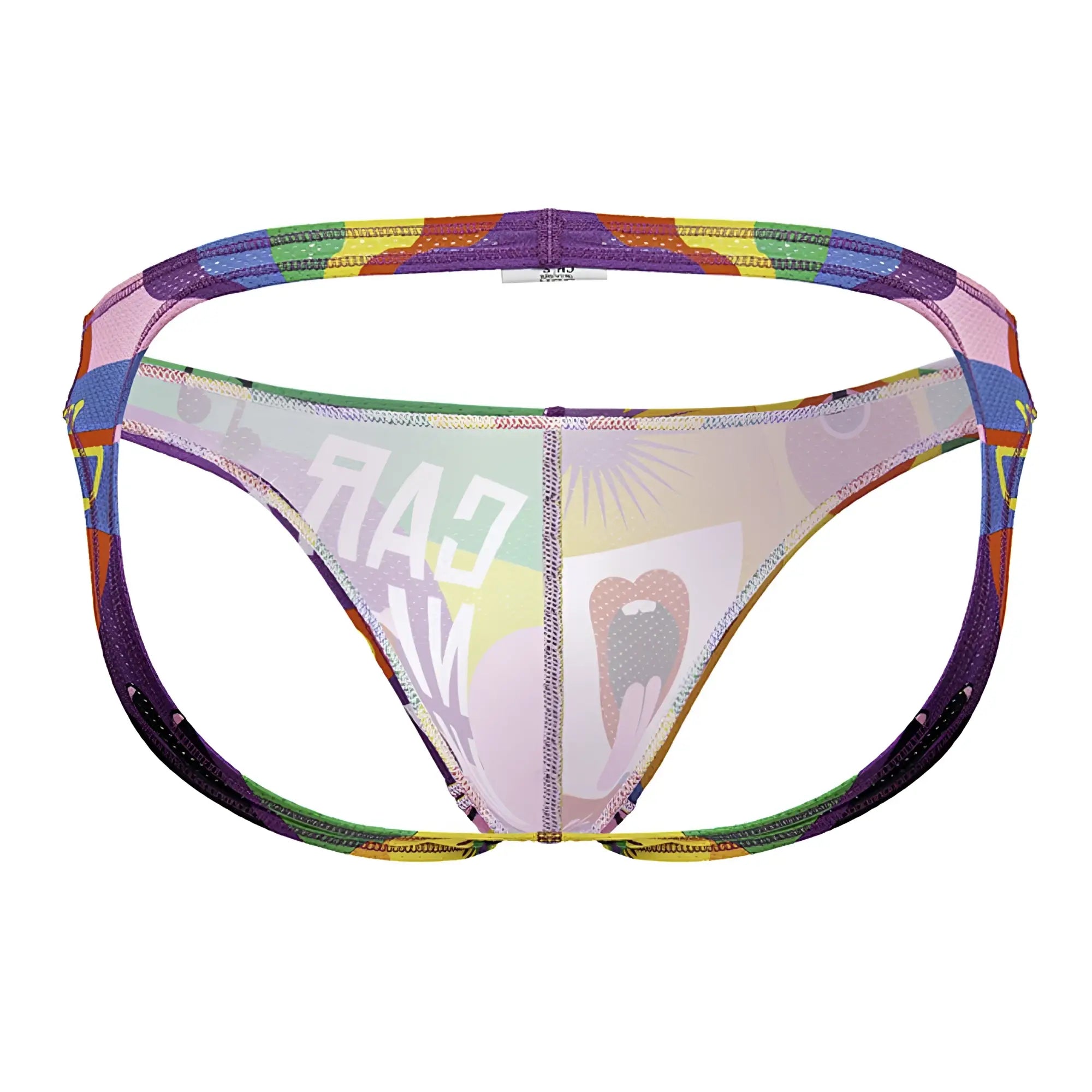 Rainbow-patterned men’s thong jockstrap with transparent graphic design featuring bold lettering and illustrated tooth