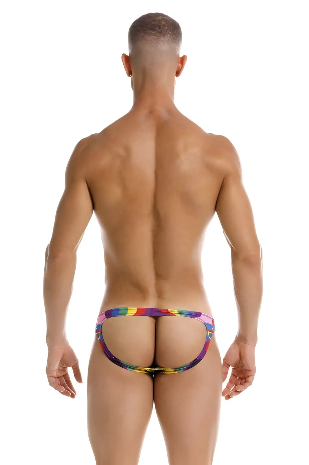 Back view of jor 2172 carnival jockstrap color printed rainbow-striped elasticated men’s briefs with cut-out design