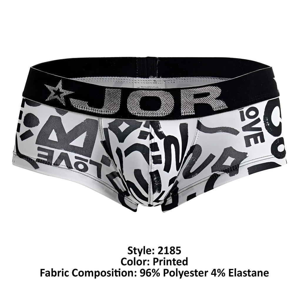 Black and white printed boxer briefs with bold graffiti style love text design jor 2185 love trunks color printed