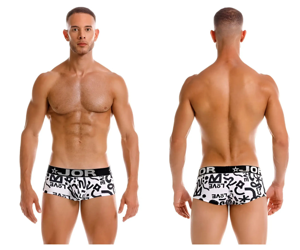 White briefs with black graffiti lettering and a black waistband featuring the jor brand from the jor 2185 love trunks color printed
